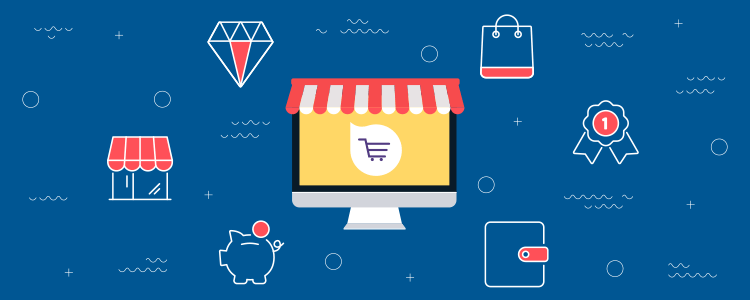 imagem tem um computador ao centro com um toldo vermelho, semelhante aos toldos de pequenos comércios ou quitandas. Ao redor dele, há ilustrações de diamante, cofrinho, caderno e sacola de compras.