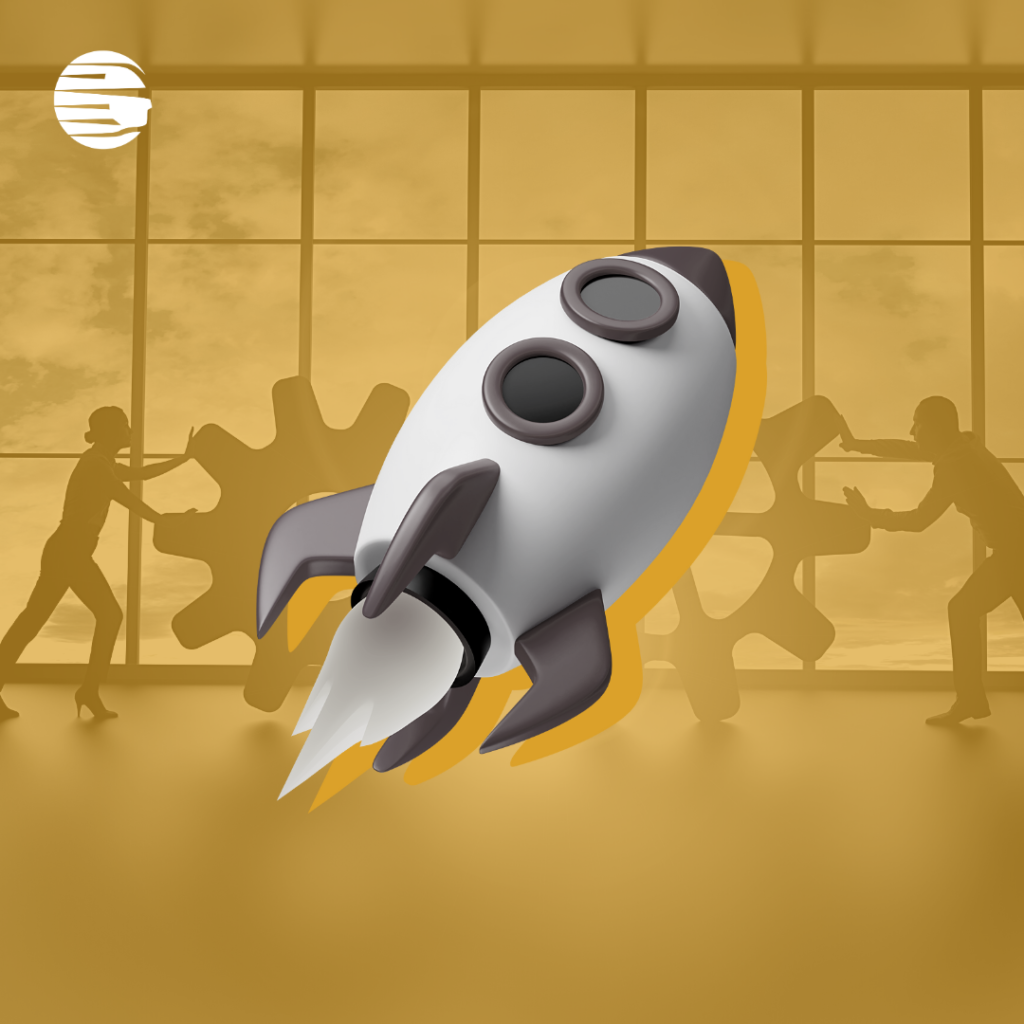 Ao fundo, uma imagem amarela que mostra duas pessoas juntando duas grandes engrenagens. Em primeiro plano, um foguete em preto e branco e sua sombra em amarelo. No canto superior esquerdo, a logo da EJUR - Soluções Jurídicas, primeira empresa júnior exclusivamente jurídica do mundo.