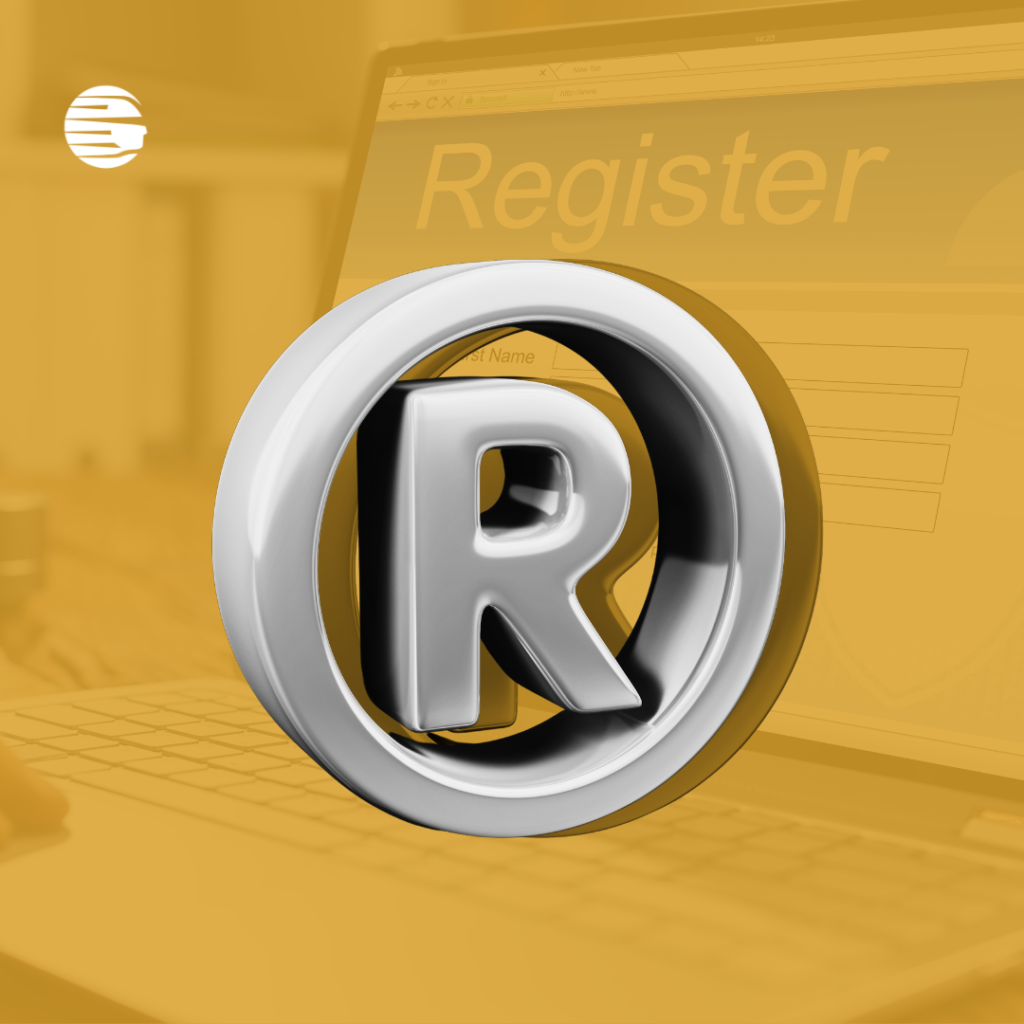 Ao fundo, imagem de um computador com página de registro de em um site aberta. Em primeiro plano, elemento que simboliza o registro de marcas em preto e branco, com sombreado amarelo. No canto superior esquerdo, a logo da EJUR, empresa junior jurídica.