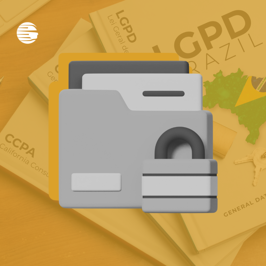 Ao fundo, uma imagem amarelada de três livros fazendo referência à legislações responsáveis por proteger dados, a LGPD, GDPR e CCPA. Em primeiro plano, a imagem preto e branca de uma pasta com cadeado na frente. No canto superior esquerdo, a logo da EJUR em branco.