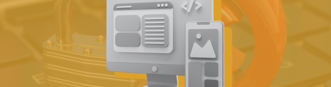 Ao fundo, uma imagem amarela que mostra um cadeado ao lado de um sinal de arroba vermelho. Em primeiro plano, um computador e um celular em preto e branco e sua sombra em amarelo. No canto superior esquerdo, a logo da EJUR - Soluções Jurídicas, primeira empresa júnior exclusivamente jurídica do mundo.